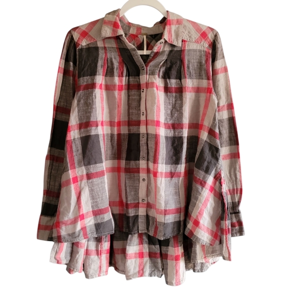 Free People Tops - Free People‎ Red Plaid Cotton Collared Long Sleeves Button Down Shirt Medium